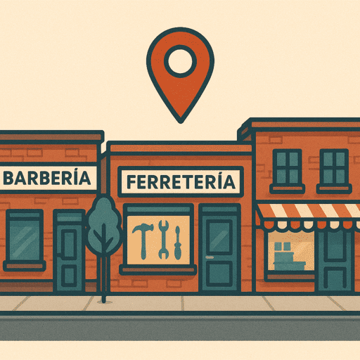 Una calle con negocios pequeños (peluquería, ferretería, etc.) y señal de ubicación. Una calle con negocios pequeños (peluquería, ferretería, etc.) y señal de ubicación.